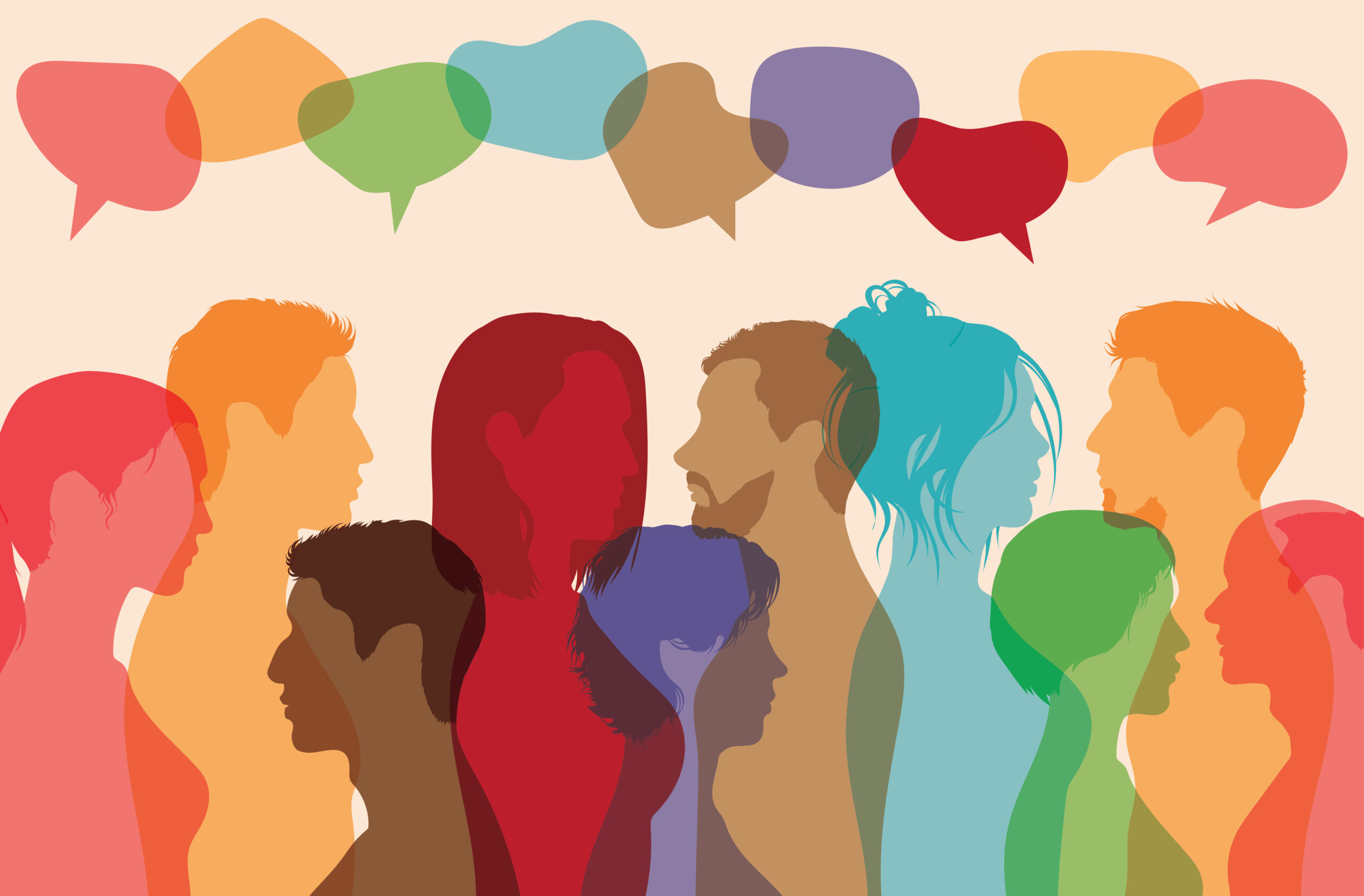 A drawing of talking and communicating among diversity of people with colored clouds and multiethnic people talking.