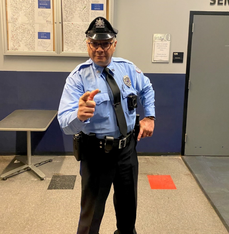 Gary Guaraldo, a Penn Medicine Rehabilitation patient posing in his police officer uniform.