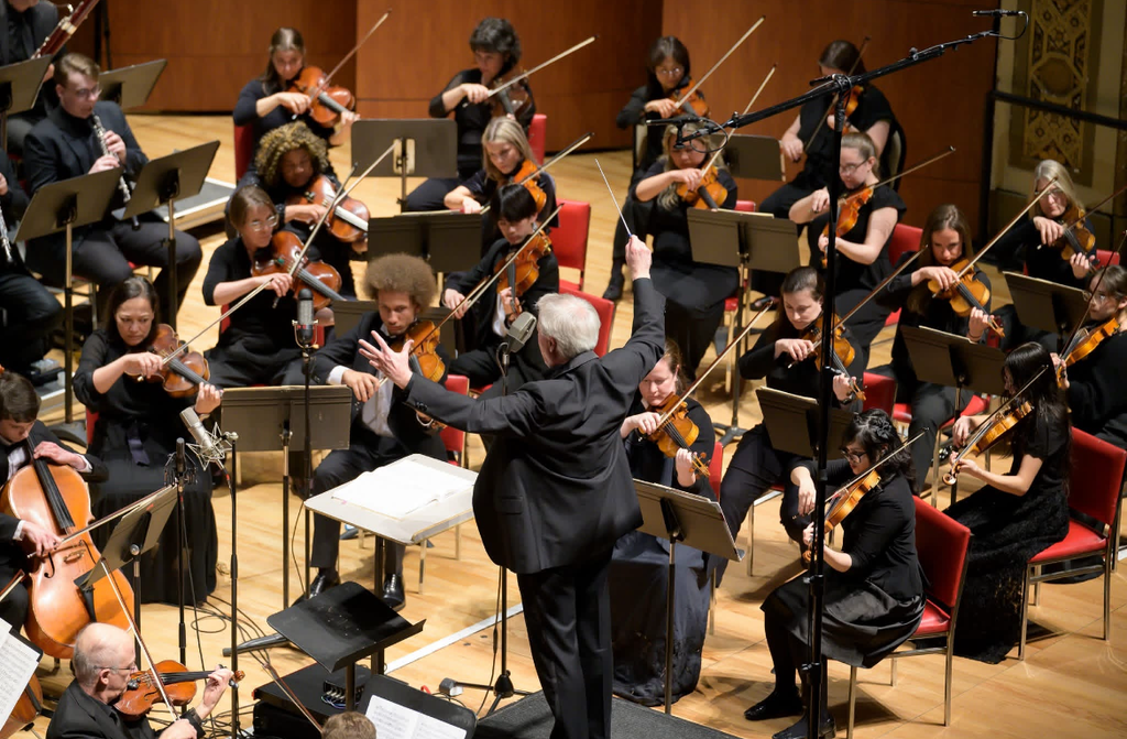 a violin orchestra with many people wearing black and playing violin